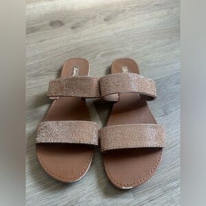 Qupid Rhinestone Double Strap Flat Slide Sandal in rose gold